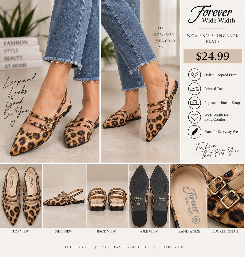 Forever Women’s 8W Leopard Print Pointed Toe Slingback Strappy Buckle Flats